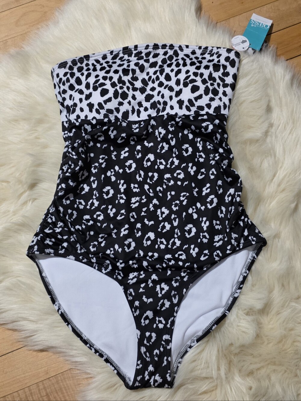 Oasis Black and White Animal Print Strapless One-Piece Swimsuit